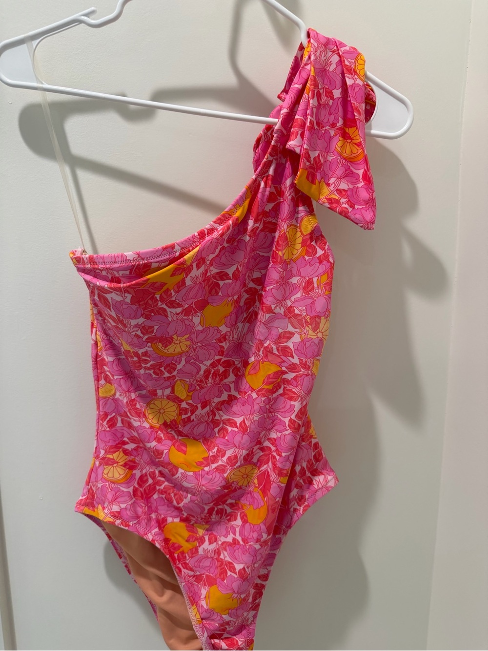 J.Crew One Shoulder Bow Swimsuit Pink Floral Citrus Print Size 4